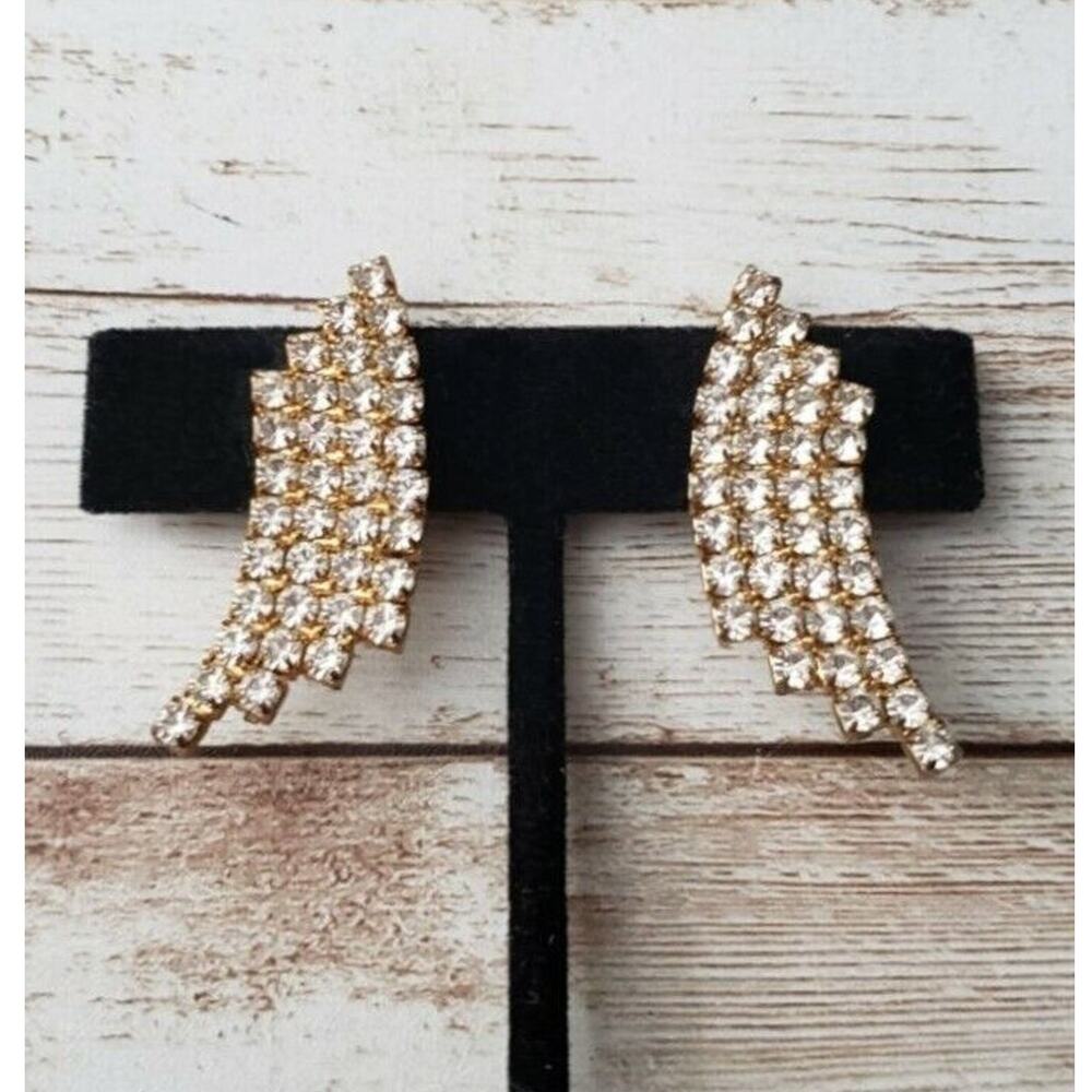 Vintage Clip On Earrings - Clear Gem and Gold Tone Swoosh Statement Very Large